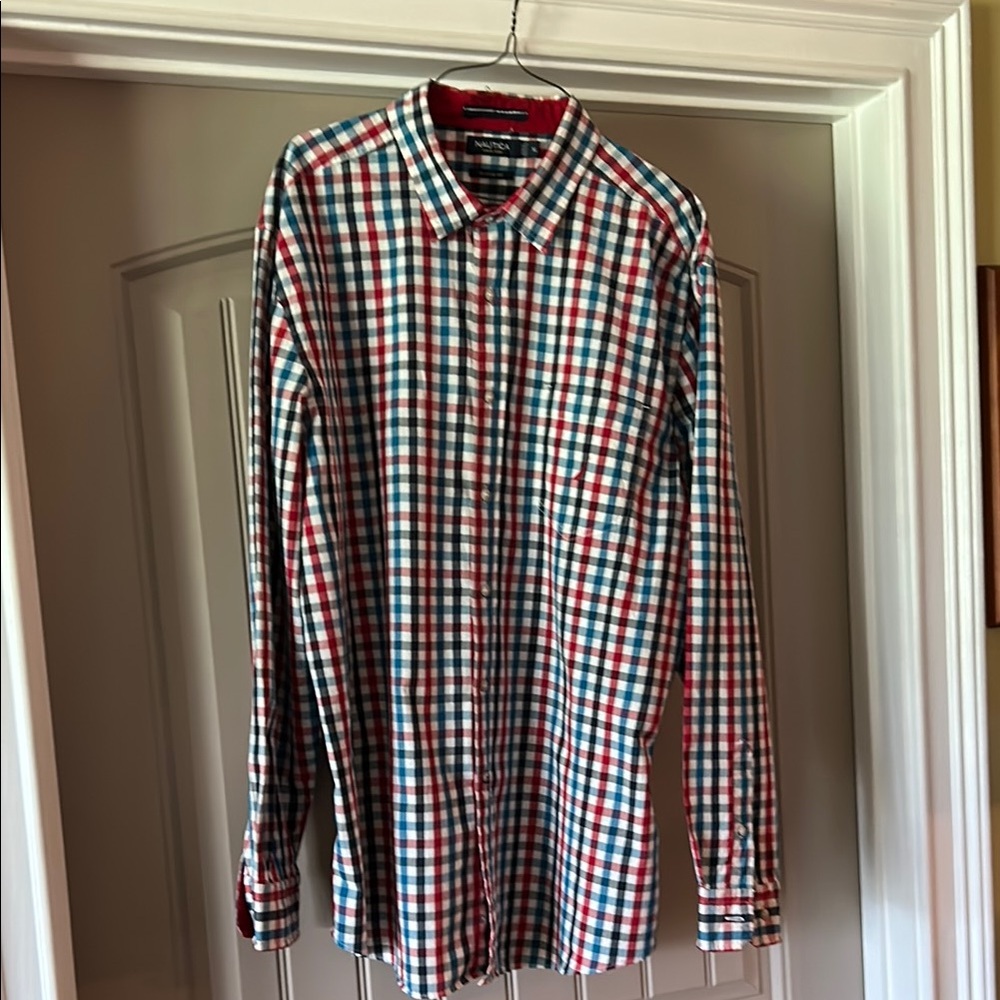 Nautica Red and Blue Casual Button Down Shirt